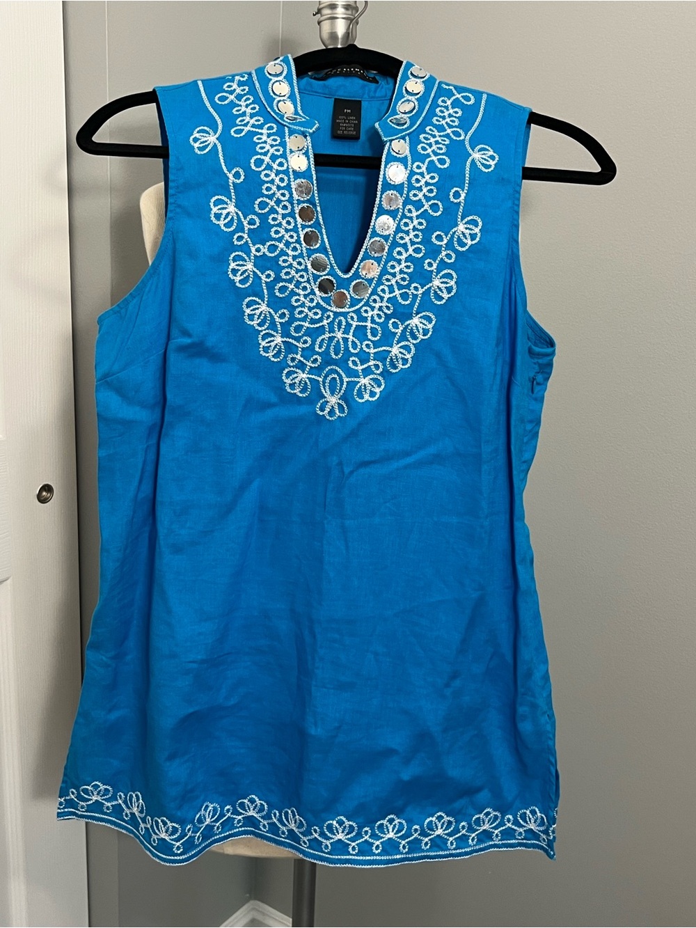 Stunning India inspired sleeveless Blue Embroidered V-Neck Women’s Top